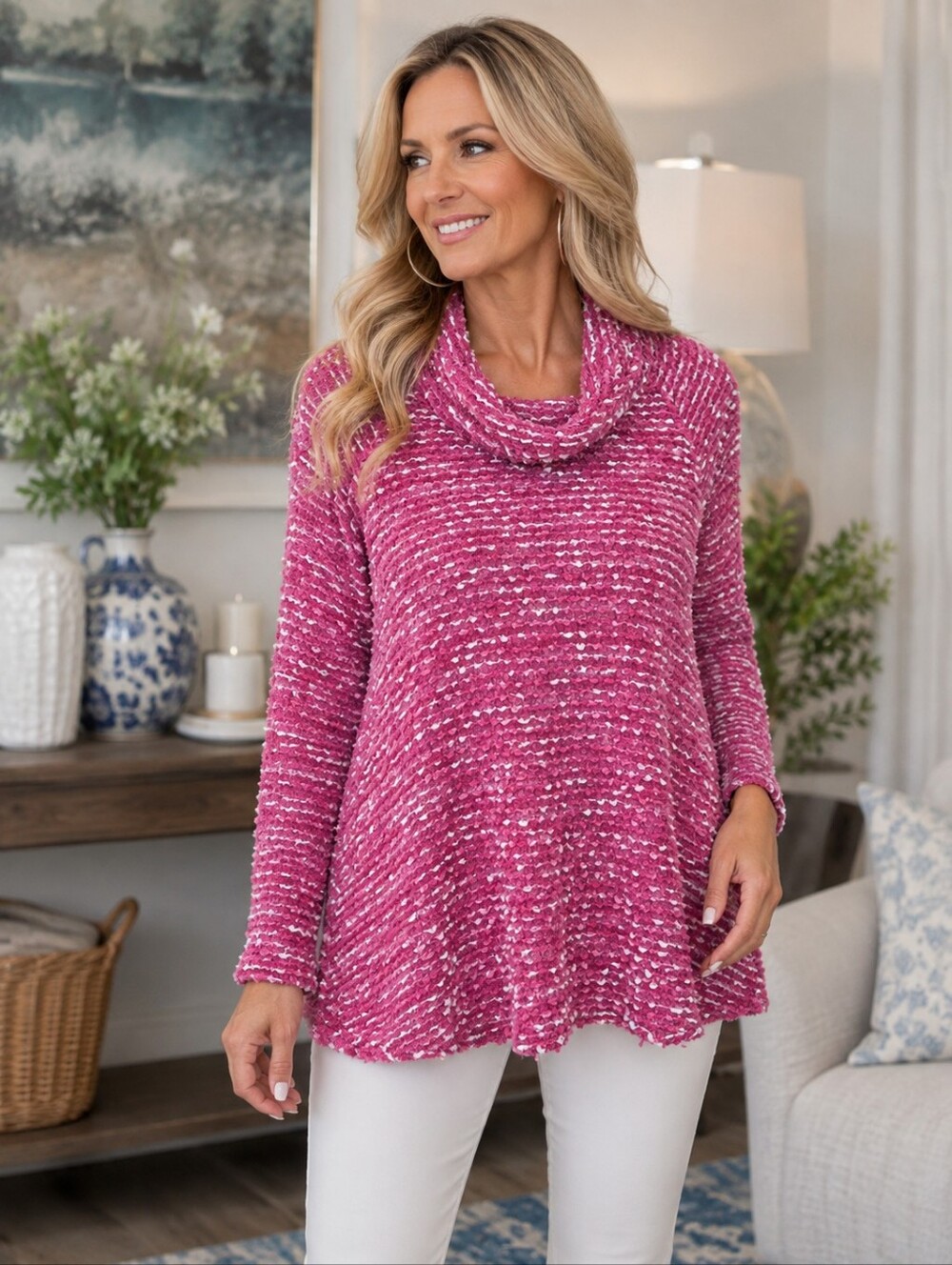 Ruby Rd Wool Blend Pink Cowl Neck Popcorn Sweater Top
